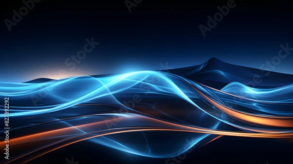 Fototapeta The blue neon wave line background exudes a dark, moody ambiance, with glowing, futuristic elements that create a sleek, abstract, and vibrant atmosphere