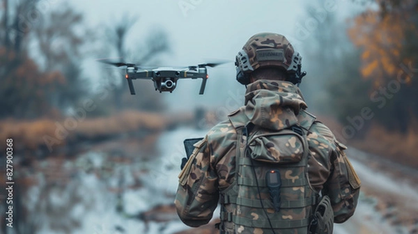 Fototapeta A soldier in camouflage flying a drone