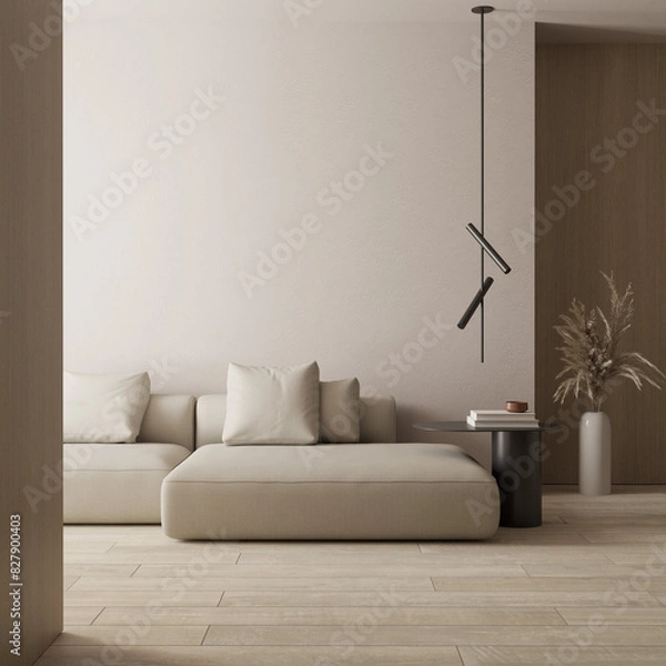 Fototapeta Modern minimalist living room interior design with sofa and decor , empty wall space mock up , background 3d rendering