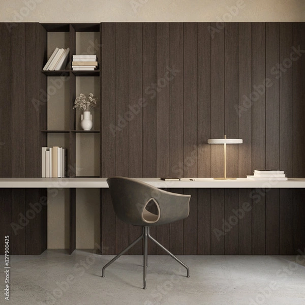 Fototapeta Modern office interior design with desk , chair and shelves , empty wall space mock up , 3d rendering
