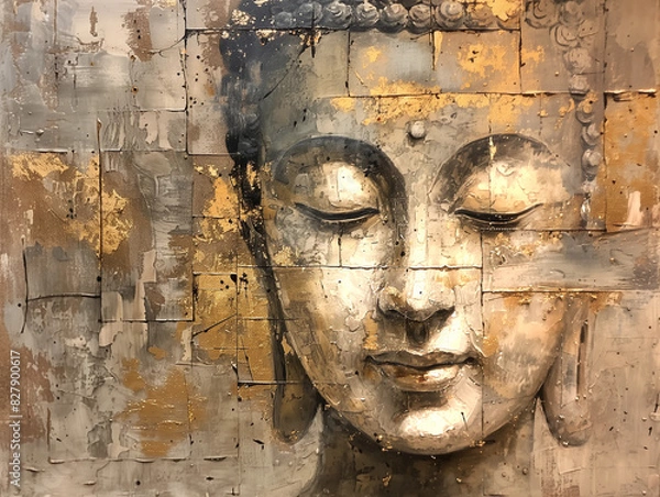 Fototapeta Buddha on a light background, in muted earth and gold colors, in the style of acrylic painting. Vesak. Nirvana. Enlightenment.