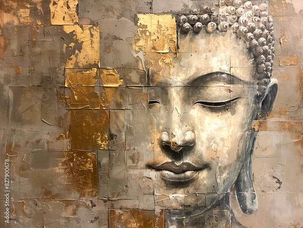 Fototapeta Buddha on a light background, in muted earth and gold colors, in the style of acrylic painting. Vesak. Nirvana. Enlightenment.