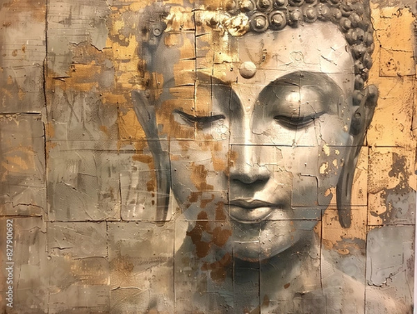 Fototapeta Buddha on a light background, in muted earth and gold colors, in the style of acrylic painting. Vesak. Nirvana. Enlightenment.