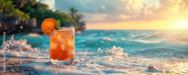 Fototapeta Orange margarita cocktail on sandy beach background. Glass of juice with ice cubes. Tropical drink for summer party. Alcoholic vacation at resort. Refreshing beverage concept. Banner with copy space