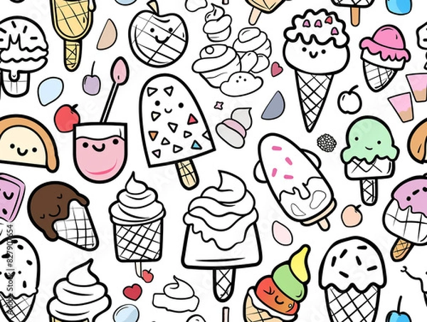 Fototapeta A black and white drawing of various ice cream flavors and toppings. The scene is playful and fun, with the various ice cream flavors and toppings creating a sense of whimsy and delight