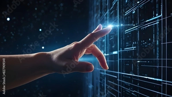 Fototapeta A woman's hand contacting The digital transformation concept for the next generation of technology, the metaverse universe.