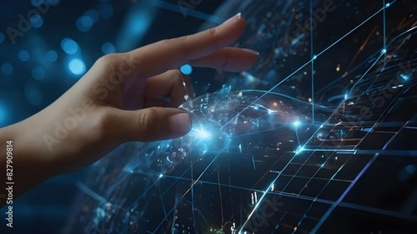 Fototapeta A woman's hand contacting The digital transformation concept for the next generation of technology, the metaverse universe.