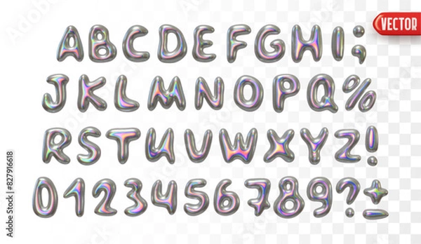 Obraz Holographic font set in metallic colors realistic 3d design, featuring uppercase letters, numbers, and special characters. Liquid metal chrome shaped alphabet. Vector illustration