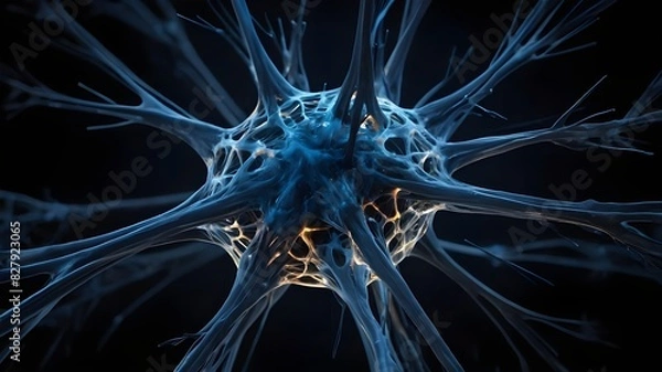 Fototapeta An aesthetically arresting abstract picture with a deep black background that resembles a neuron structure erupting in blue hues
