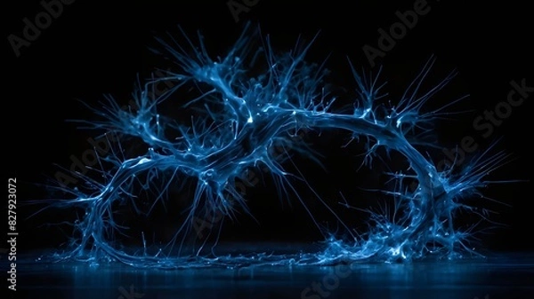Fototapeta An aesthetically arresting abstract picture with a deep black background that resembles a neuron structure erupting in blue hues