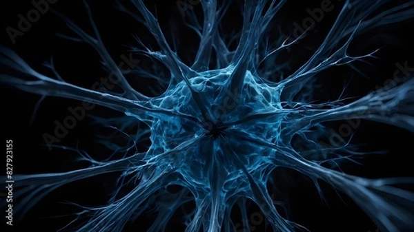 Fototapeta An aesthetically arresting abstract picture with a deep black background that resembles a neuron structure erupting in blue hues