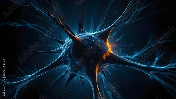Fototapeta An aesthetically arresting abstract picture with a deep black background that resembles a neuron structure erupting in blue hues