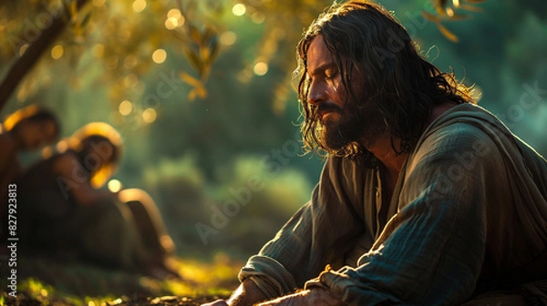 Fototapeta Jesus kneeling in the Garden of Gethsemane, praying with a sorrowful expression as he seeks strength for the trials ahead. The moonlit garden is quiet, with olive trees casting long shadows