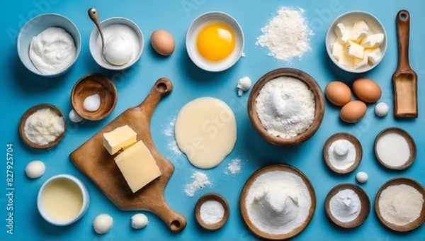 Obraz Bakery ingredients on table. Sweet pastry baking concept. Flat lay, top view.