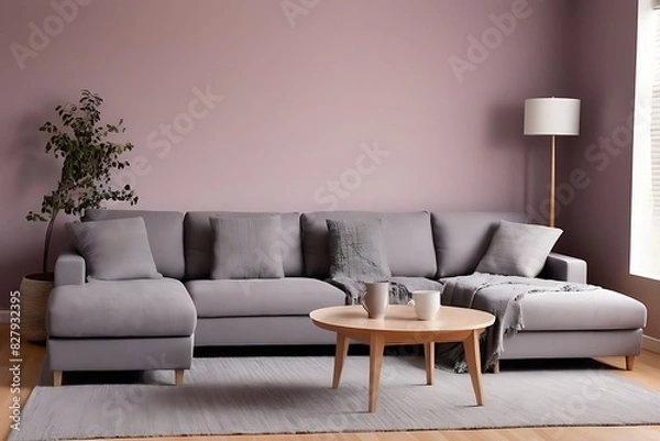 Obraz Luxury Living Room in Warm Colors: Elegant Brown Beige Walls, Light Gray Furniture, Microcement Art Background, Rich Interior Design, 3D Office Reception Mockup