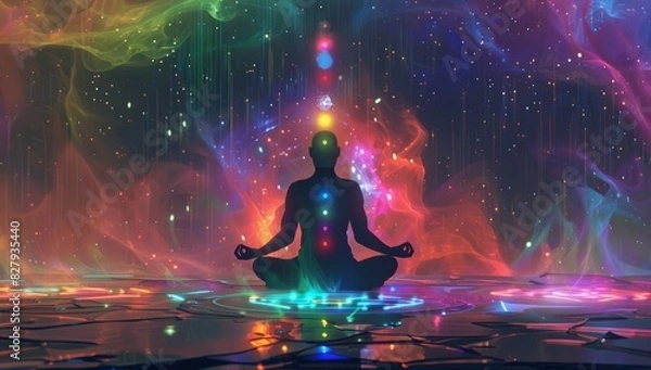 Obraz Meditation with Chakra Lights, Cosmic Energy and Vibrant Colors, Spiritual Practice and Enlightenment