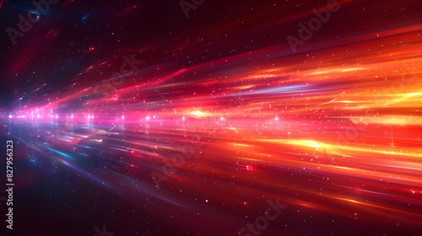 Fototapeta Colorful vibrant neon light stripes and dots, luminous lighttail stripes on a dark moody background, futuristic design, modern light art