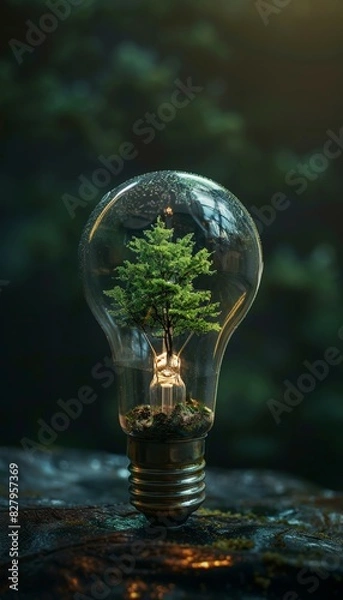 Fototapeta tree growth in light bulb,. ecology and environmental conservation, balance of human and nature, conscious energy consumption concept