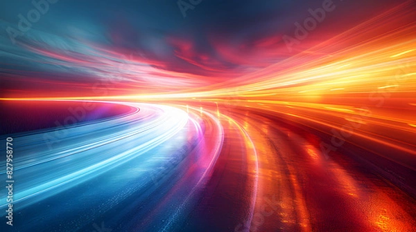 Fototapeta Colorful vibrant neon light stripes and dots, luminous lighttail stripes on a dark moody background, futuristic design, modern light art