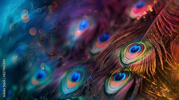 Fototapeta Beautiful peacock tail feathers. Close up of peacock feathers. Advertising banner. Banner ad template. Copy space.