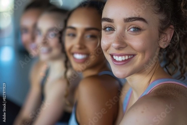 Fototapeta Happy Women in Fitness Group Smiling Close-Up, Active Lifestyle and Wellness, Indoor Training and Positivity