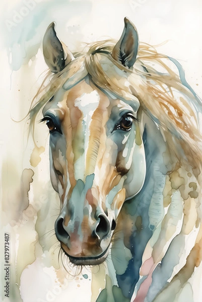 Obraz Close-up watercolor illustration of a horse's face with a flowing mane. Detailed and artistic animal portrait. Animal and nature concept for design and print.