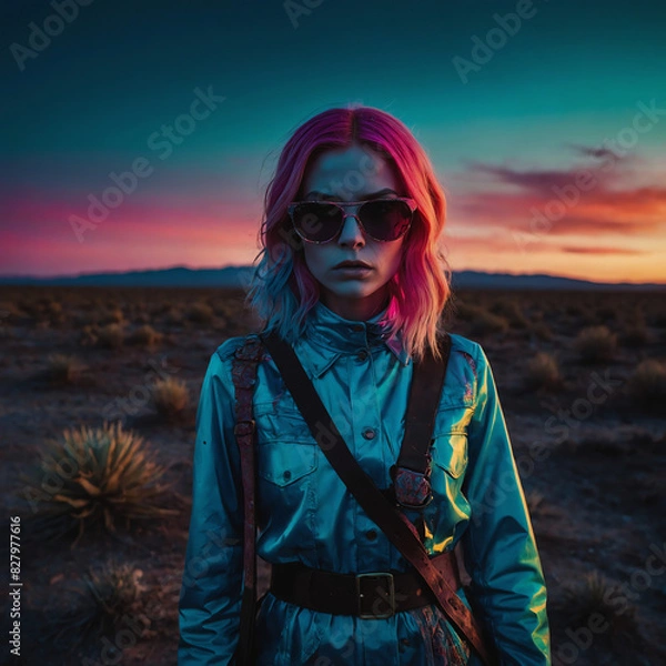Fototapeta redheaded woman wearing a jumpsuit in a neon wasteland, desert landscape with small bushes in the distance