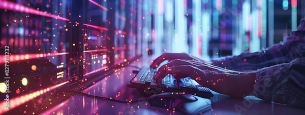 Obraz Data Processing, digital technology, internet network concept. Computer programmer working on big data and computer code with data center, server room as background.