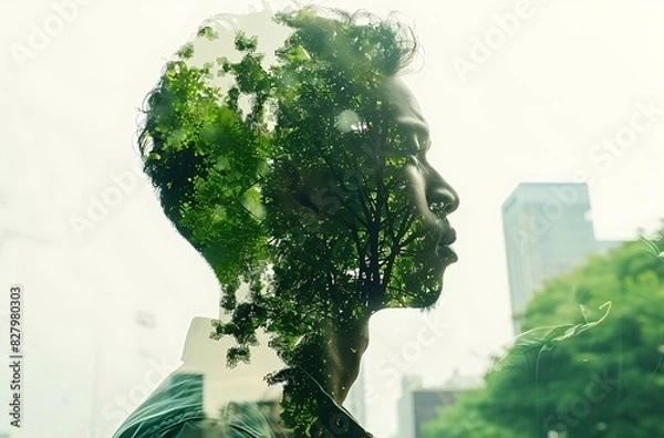 Fototapeta Double exposure portrait of man with greenery, nature and urban concept - Generative AI
