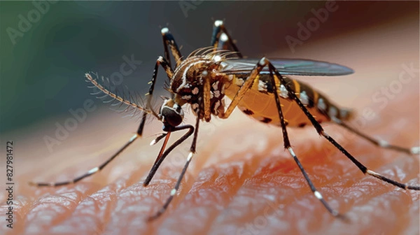 Fototapeta Mosquito close up macro. Mosquito bite. Dangerous blood-sucking insect. Mosquito repellent. Protection from insects and mosquitoes.	