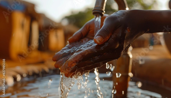 Fototapeta Close-up of an African child's hands under a stream of water.