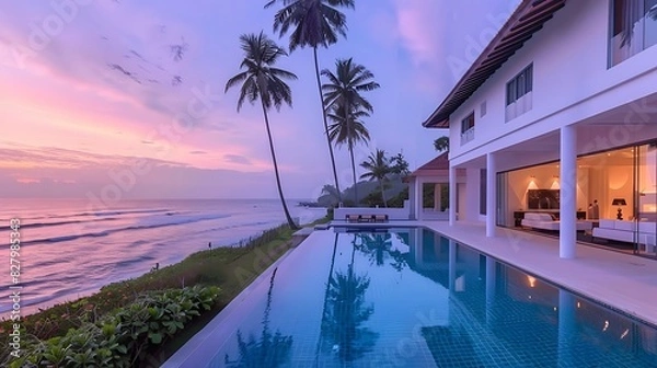 Fototapeta Luxury waterfront villa: with the pool, beach house, palm trees, sunset, white walls and modern architecture in Sri Lanka with an ocean view, infinity edge swimming pool overlooking the sea.