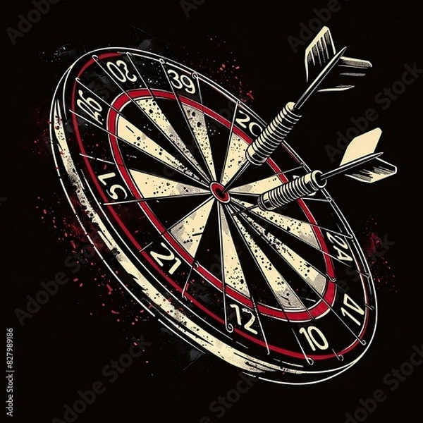 Fototapeta Vintage Dartboard Vector Design with Retro Distressed Textures and Bold Colors on Black Background. Generative AI