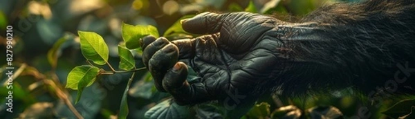Fototapeta Close-up of a primate's hand grasping green foliage in a natural setting, highlighting detailed texture and interaction with nature.