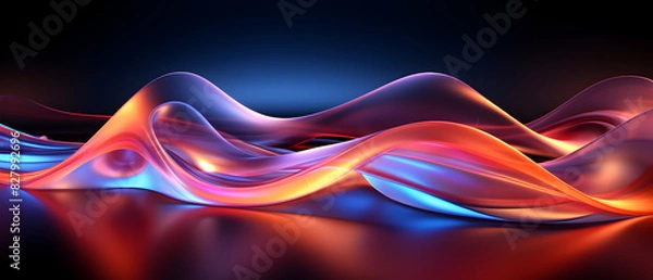 Fototapeta Colorful vibrant neon light stripes and dots, illuminated modern light waves, luminous lighttail stripes on a dark moody background, futuristic design, modern elegant light art