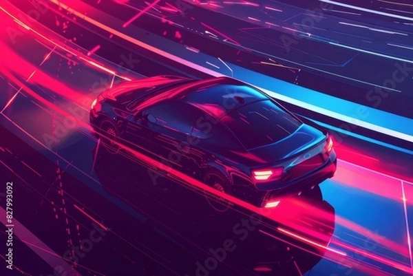 Fototapeta Red sports car racing down a neon lit tunnel, emphasizing speed and futuristic design