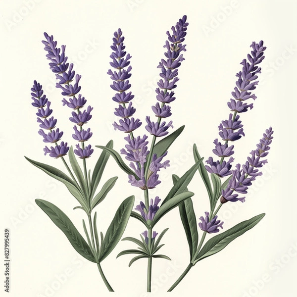 Obraz Botanical illustration of purple lavender with green leaves on light background
