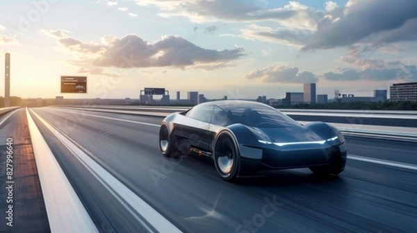 Fototapeta High speed drive through a technologically advanced city, captured in vibrant twilight colors