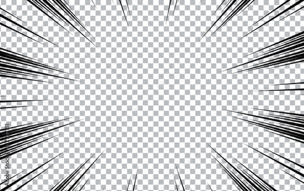 Fototapeta Comic manga transparent background with radial lines frame speed action effect vector. Explosion anime comic book cartoon pattern.