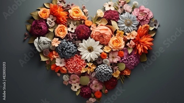 Fototapeta Heart-Shaped Floral Arrangement with Vibrant Blooms on Dark Background
