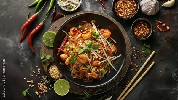 Fototapeta Thai Cuisine - Pad Thai - Traditional Stir-Fried Noodle Dish with Shrimp, Vegetables, and Peanuts on a Rustic Background - Generative AI