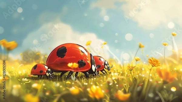 Fototapeta Cute ladybug on a green leaf in the middle of a summer meadow
