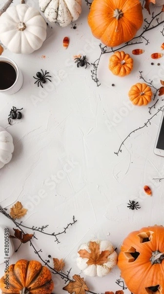 Fototapeta Flat lay mockup for Halloween. Empty sheet in the middle. Top view, copy space