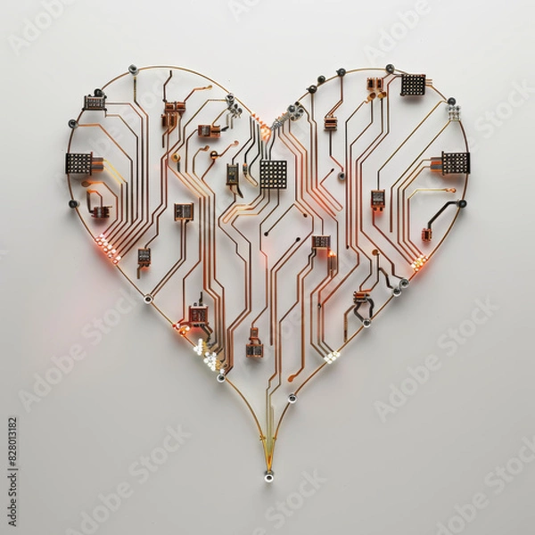 Obraz Heart-shaped circuit board design on a white background