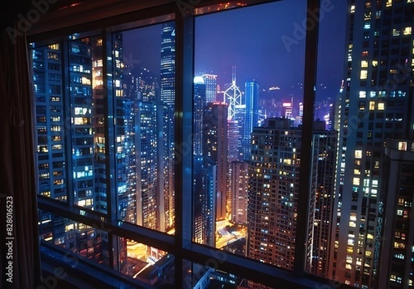 Fototapeta A breathtaking night view of a bustling cityscape through a glass window creating a captivating urban landscape filled with lights and modern architecture.