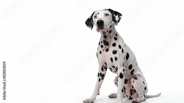 Obraz Dalmatian sitting with head tilted, isolated on solid white background