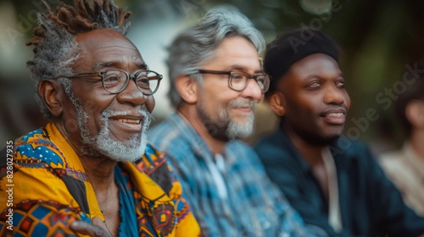 Fototapeta Three multigenerational men of diverse backgrounds sharing a laugh outdoors.