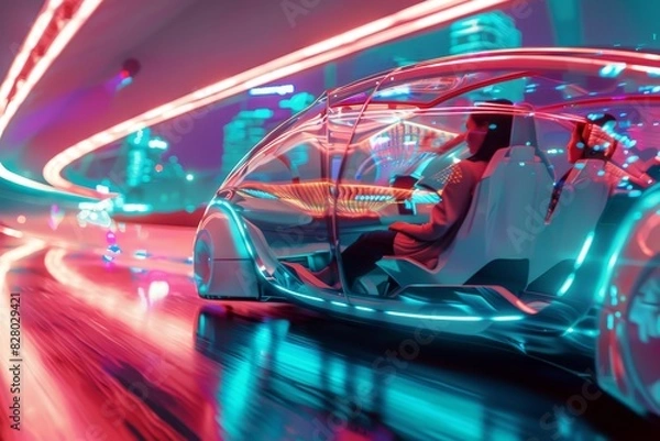 Fototapeta High Speed Night Drive in Futuristic Car with Neon Accents and Advanced Technology