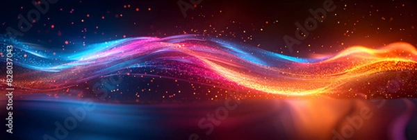 Fototapeta Colorful vibrant neon light stripes and dots, illuminated modern light waves, luminous lighttail stripes on a dark moody background, futuristic design, modern elegant light art