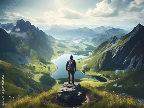 Fototapeta Hiking On Mountain, people with backpack hiking on mountain peaks, Hiking on green and Icy mountains, foggy hills, Hiking on open natural air, travel on mountain.